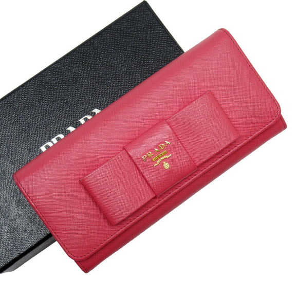 Prada Wallet Leather Long Fold Saffiano Ribbon Pink - Picture 1 of 3